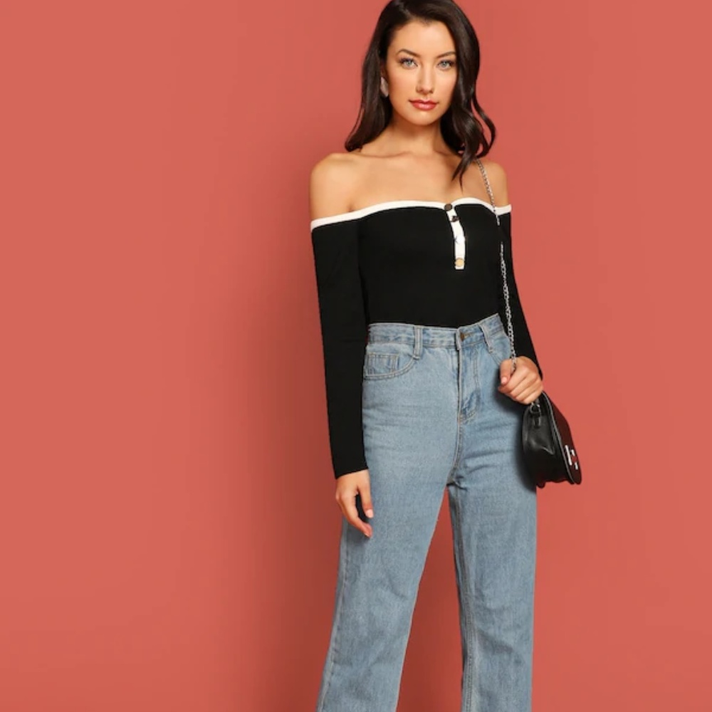 Off Shoulder Button Front Rib-Knit Tee